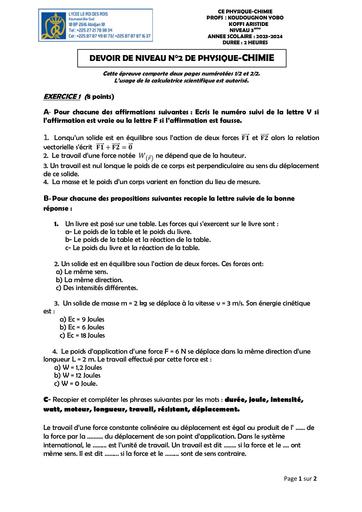 Devoir de niveau N°2 PC 3ieme 2024 by Tehua