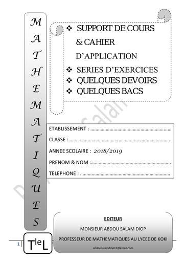 Support de cours et Cahier d'applications Maths Tle L by Tehua