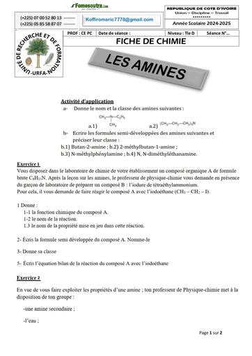 FICHE DE TRAVAUX DIRIGES CHIMIE LES AMINES Tle D Novembre 2024 by Tehua