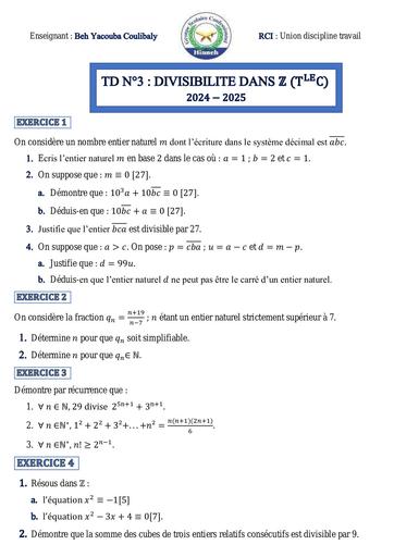 Travaux Dirigés N°3 Maths Tle C (2024 2025) Arithmétique by Tehua