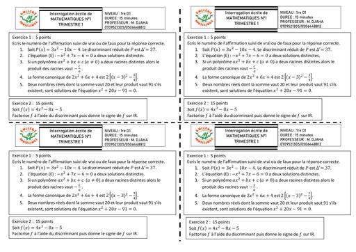 Interrogation écrite de MATHEMATIQUES N°1 1iereD Trimestre 1 2024 by Tehua