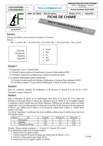 FICHE DE TRAVAUX DIRIGES 2nde C CHIMIE MOLE ET GRANDEURS MOLAIRES Décembre 2024 by TEHUA