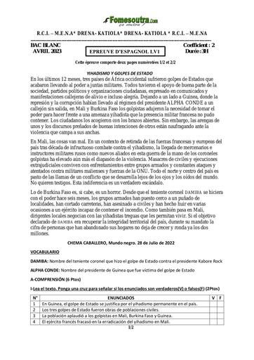 SUJET ET CORRIGE BAC BLANC 2023 ESPAGNOL LV1 REGIONAL DE KATIOLA COTE D'IVOIRE