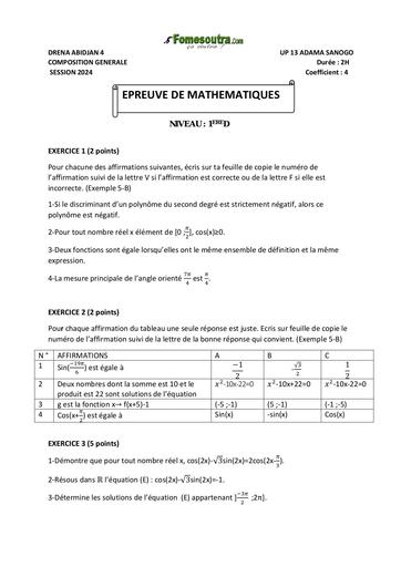 Composition generale Decembre 2024 UP 13 ADAMA SANOGO SUJET MATHS 1iere D by Tehua