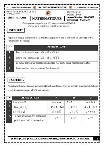 Devoir surveillé n°2 3éme Maths racines carrées by Tehua