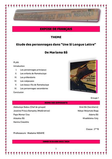 Exposé Etude Des Personnages Dans Une Si Longue Lettre de Mariama Ba by Tehua