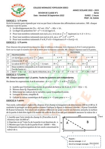 DEVOIR N°1 Maths 3ième Trimestre 1 2024 by Tehua