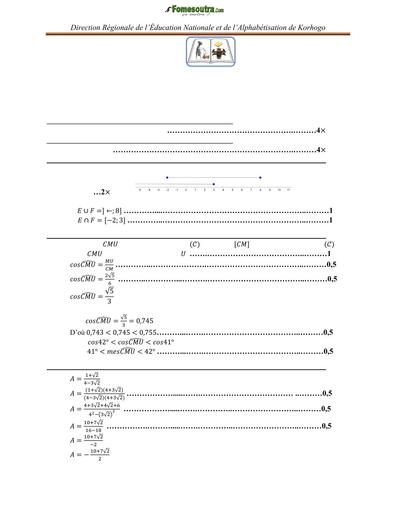 SUJET MATHS 3ieme BEPC BLANC RÉGIONAL MARS 2024 DREN KORHOGO BAREME by TEHUA