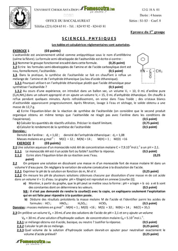 Sujet de Physique-chimie des BAC S1 S3 2012 - Sénégal