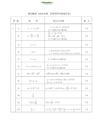 Corrigé de Sujet de Mathématique pour les Bourses d'étude au Japon niveau College of Technology Students - année 2018