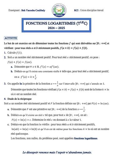 Fiche de Maths Tle C DECOUVERTE DES FONCTIONS LOGARITHMES by Tehua