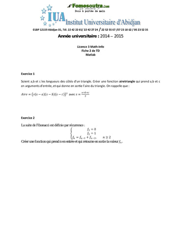 Fiche TD de MATLAB - Licence 2 Math-Info