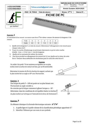 FICHE DE TRAVAUX DIRIGES PC Classification et forces 2nde C Novembre 2024 by Tehua