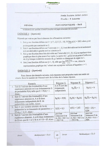 Sujets de Maths Lycée Classique d'Abidjan série D 2022
