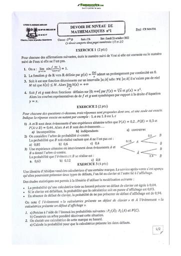 Sujets de Maths série D Lycée Classique d'Abidjan 22-23