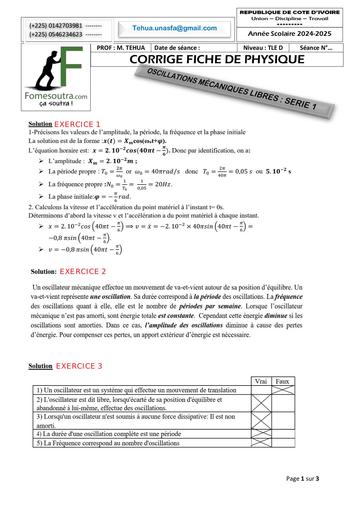 CORRIGE DE LA FICHE DE TRAVAUX DIRIGES Physique Tle D OSCILLATIONS MÉCANIQUES LIBRES SERIE 1 2024 by TEHUA