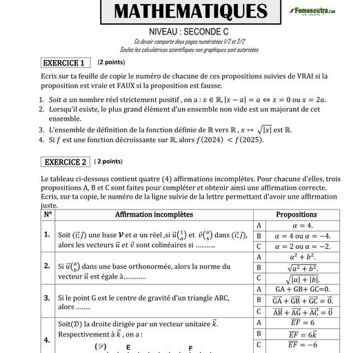 Composition generale Decembre 2024 UP 5 SUJET MATHS 2nde C by Tehua