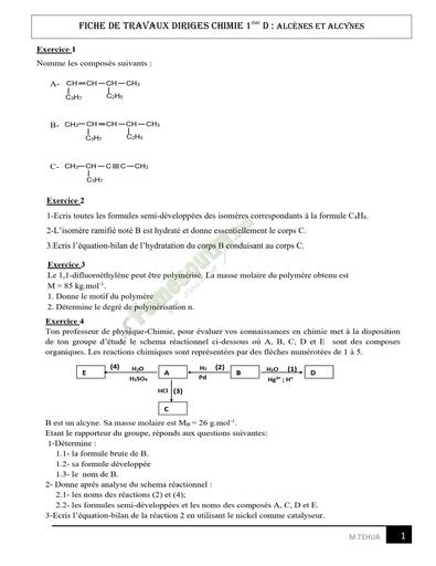 FICHE TRAVAUX DIRIGES CHIMIE 1IERE D ALCENES ET ALCENE by Tehua