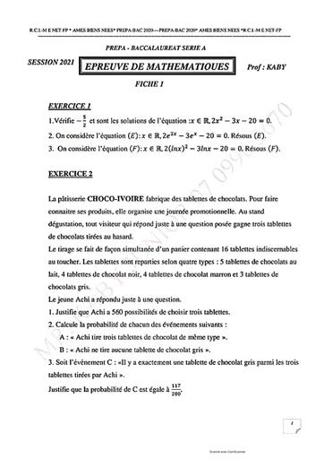 Prepa Maths serie A2 Bac