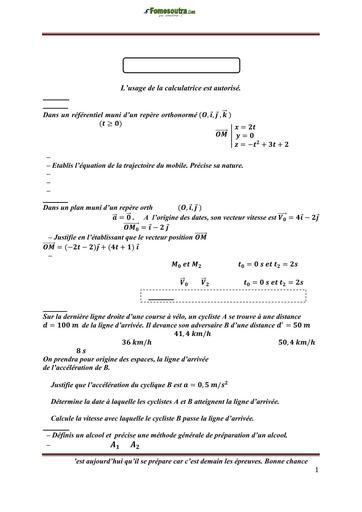 SUJET DU DEVOIR N°1 PC niveau Tle D Lycée Municipal Jacqueville by TEHUA