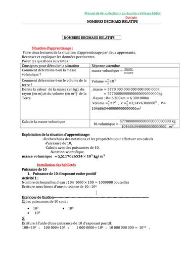 Vallesse Maths Corrigé Manuel de la reussite 4ème by Tehua