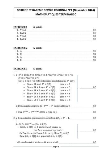 CORRIGE ET BAREME DEVOIR REGIONAL Tle C MATHS 2024 2025 Korhogo by Tehua