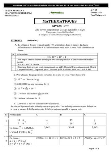 Composition generale Decembre 2024 UP 13 ADAMA SANOGO SUJET+BAREME MATHS 4ieme by Tehua