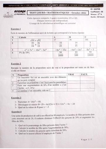 Test lourd maths 2nde A 2024 provincial by Tehua