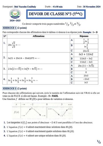 DEVOIR DE CLASSE Maths N°3 TLE C Ln 2024 2025 by Tehua