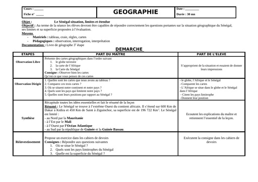 Fiche de cours Géographie le sénégal limite et étendue by Tehua