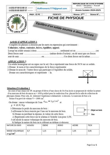 FICHE DE TRAVAUX DIRIGES PHYSIQUE Equilibre d’un solide soumis à deux forces NIVEAU 3ième Novembre 2024 FICHE 1 by Tehua