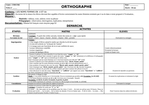 Fiche de cours CM Orthographe le féminin des noms en é by Tehua