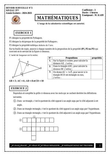 Devoir Maths 3ème (Triangle rectangle) 2024 2025 by Tehua