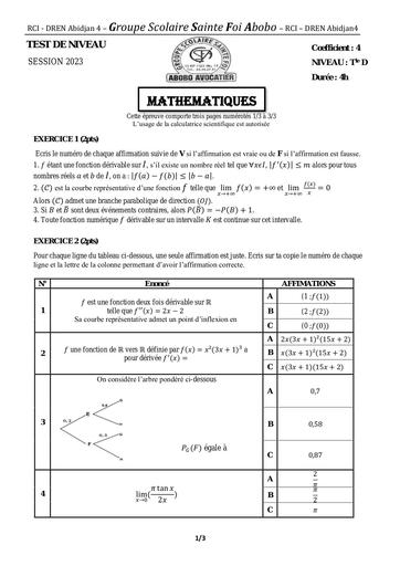 Tle D test 2023 Maths by Tehua