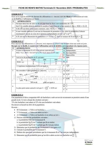 FICHE DE RENFO MATHS Tle D PROBABILITES 2025 by TEHUA