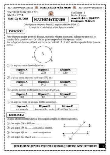 DEVOIR SURVEILLE N°2 Maths 4ème trimestre 2 2024 by Tehua