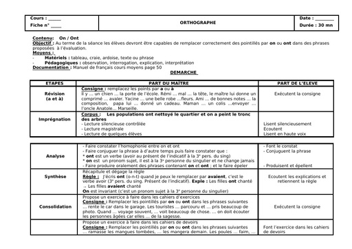 Fiche de Cours Orthographe Ont ou on by Tehua