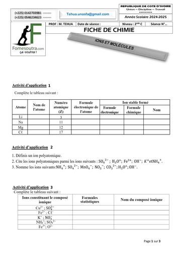 FICHE DE TRAVAUX DIRIGES chimie 2nde c IONS ET MOLÉCULES Novembre 2024 by TEHUA