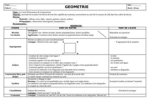 Fiche de cours CM Géométrie le Carré by Tehua