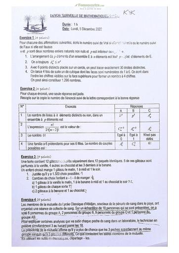Sujets de mathématiques Première C Lycée Classique Abidjan 2022-2023