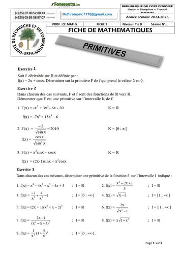 FICHE DE TRAVAUX DIRIGES MATHS PRIMITIVES DE FONCTIONS Tle D Novembre 2024 by Tehua