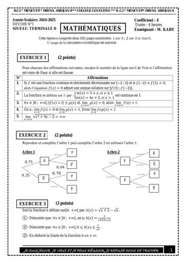 DEVOIR DE MATHS N°2 Tle D TRIMESTRE 2 avec BAREME by TEHUA