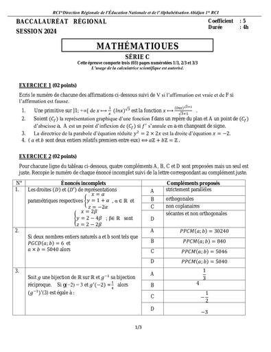 Sujet Examen bac blanc 2024 Maths serie C Dren Abidjan 1 by Tehua
