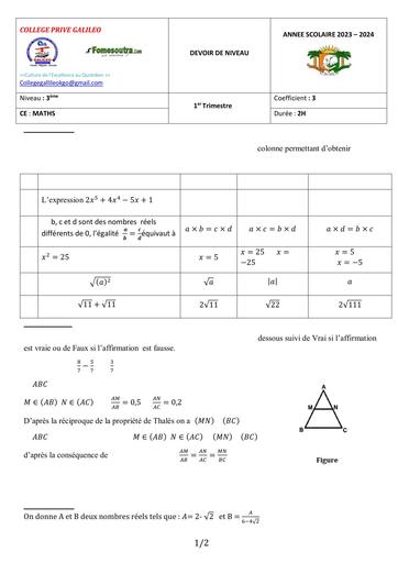 SUJET DU DEVOIR DE NIVEAU MATHS NIVEAU 3ième COLLEGE PRIVE GALILEO 2024 by TEHUA