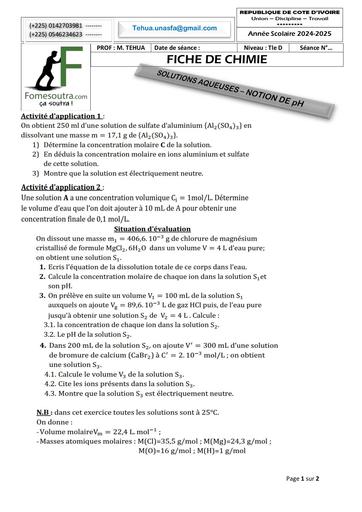 FICHE DE TRAVAUX DIRIGES CHIMIE Tle SOLUTIONS AQUEUSES – NOTION DE pH 2025 BY TEHUA