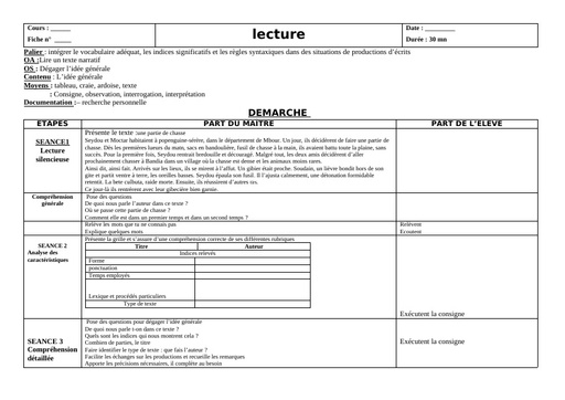 Fiche de cours CM Lecture texte narratif by Tehua