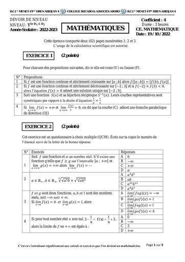 Devoir de niveau N°1 Maths Tle D by Tehua