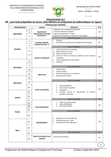 Progression Maths 1iere G2 2024 by Tehua