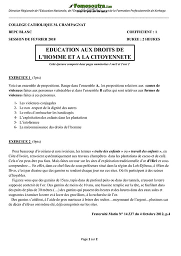 Sujet d'EDHC BEPC blanc 2018 - Collège Catholique M. Champagnat Korhogo