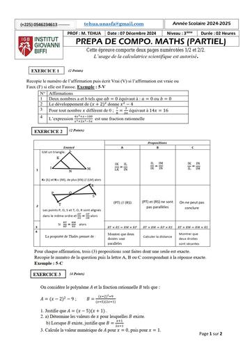 SUJET PREPA PARTIEL DECEMBRE 2024 MATHS 3IEME by TEHUA